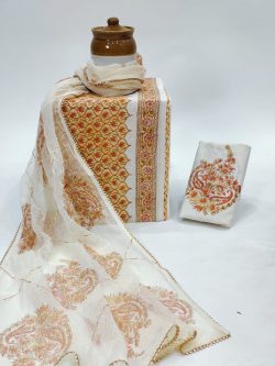 Fawn yellow hand embroidered kota doria dupatta with cotton salwar kameez.jpeg
