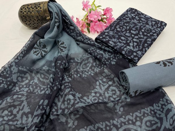 Bluish grey hand block print dress materials