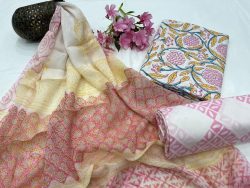 Hand block print white and pink cotton salwar kameez