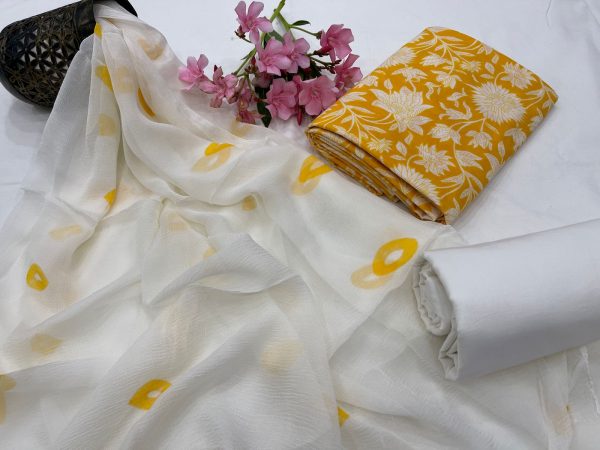 Hand block print yellow cotton salwar suits with chiffon dupatta