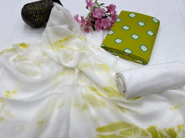 Olive green white bandhej hand block print dress materials