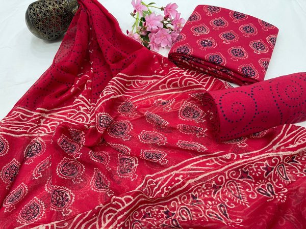 Hand block printed red cotton salwar suits