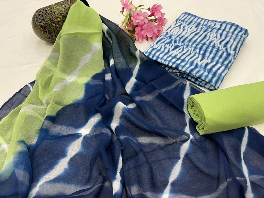 Hand block printed salwar suit design in green blue color