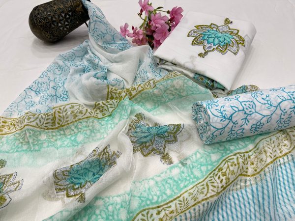 Hand block printed white cotton churidar dress material
