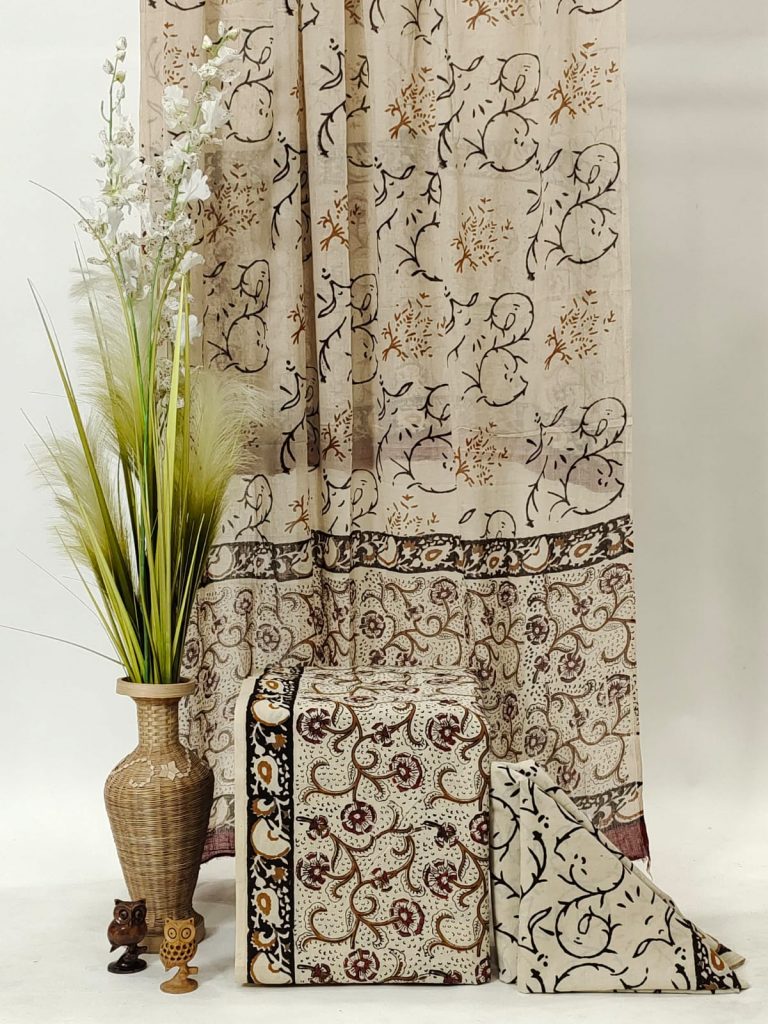 Desert sand bagru print cotton suit with mulmul dupatta