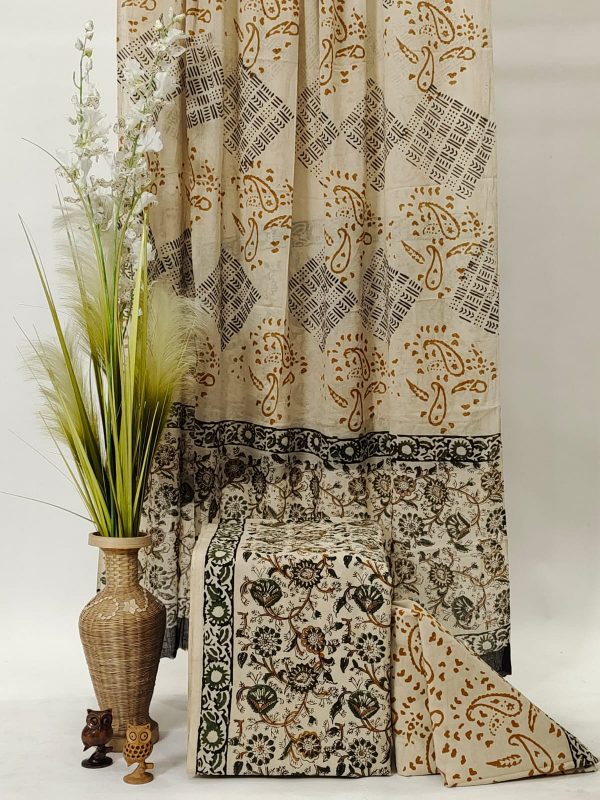 Desert sand brown floral bagru print cotton suit with mumul dupatta