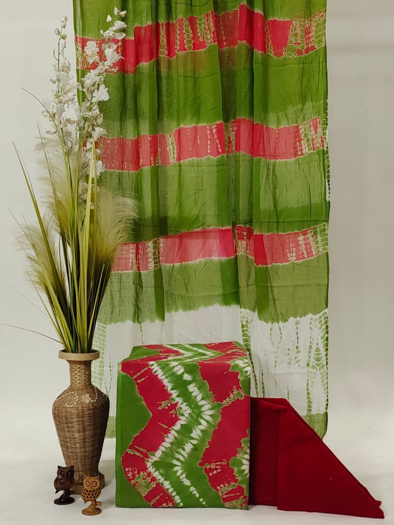 Green & pink shibori print unstitched cotton salwar suit
