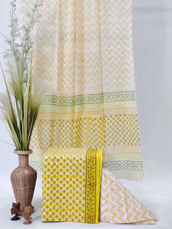 Yellow & white hand block print pure cotton suit with cotton dupatta