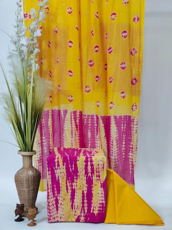 Yellow and rani color shibori print unstitched cotton salwar suit