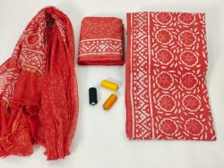 Orangish red sanganeri discharge print cotton suit with kota dupatta