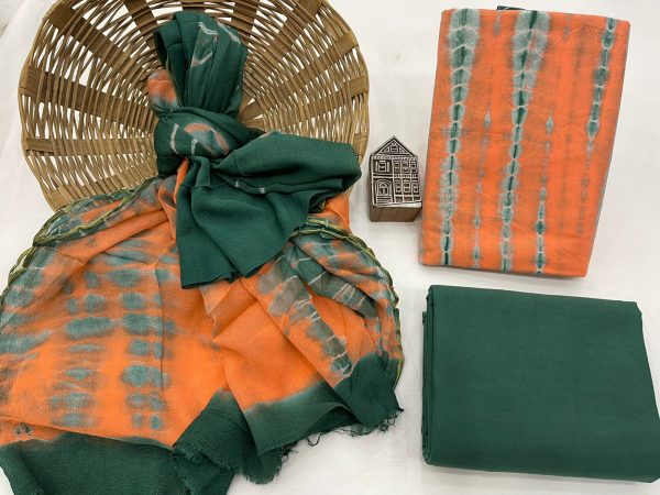 Green and orange shibori print chiffon dupatta salwar suit