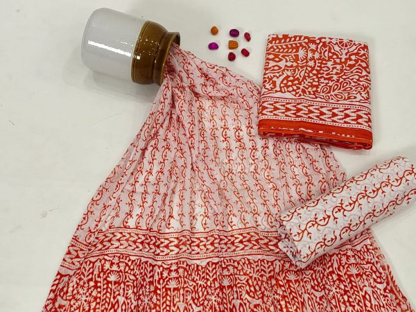 Orange Jaipuri print cotton salwar suit with chiffon dupatta