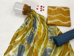 Goldish yellow shibori print cotton salwar suit with chiffon dupatta
