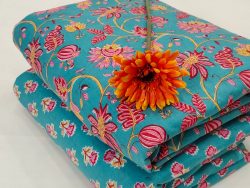 Beautiful floral printed blue green cotton running material