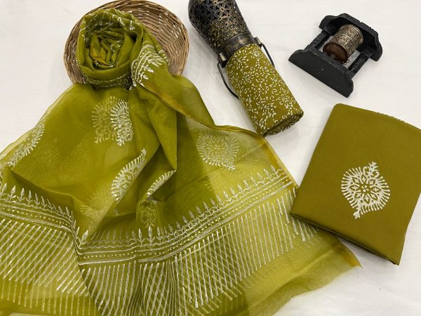 Mehandi green silver foil printed kota silk dupatta suit