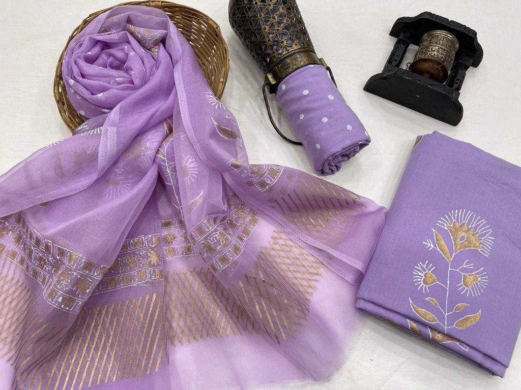 Purple hand block gold foil printed salwar suit with kota dupatta