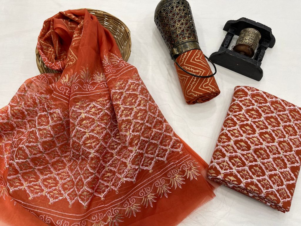 Dark orange hand block gold foil printed salwar suit with kota dupatta