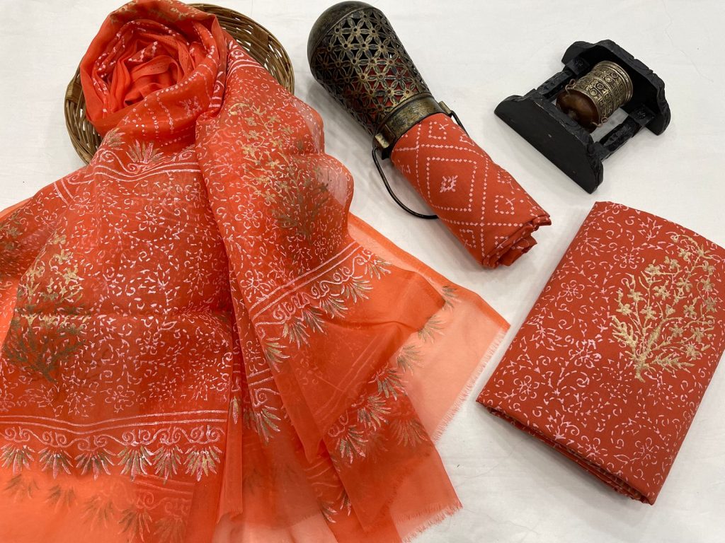 Orange hand block gold foil printed salwar suit with kota dupatta