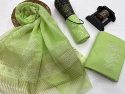 Pear green hand block gold foil printed salwar suit with kota dupatta