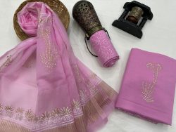 Pink hand block gold foil printed salwar suit with kota dupatta
