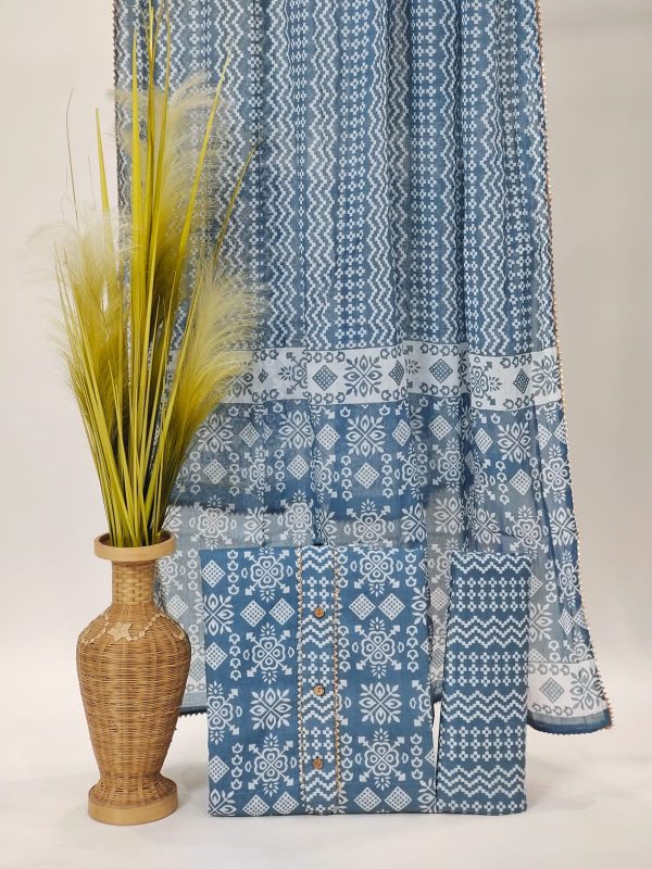 Chambray blue hand block printed cotton dupatta embroidery suit punjabi
