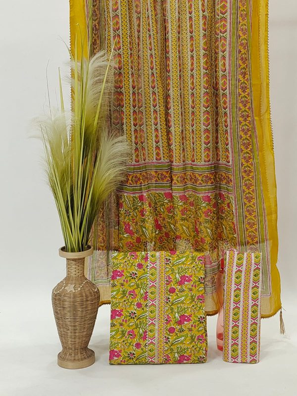 Olive green & yellow hand block print cotton dupatta embroidery suit designs hand work