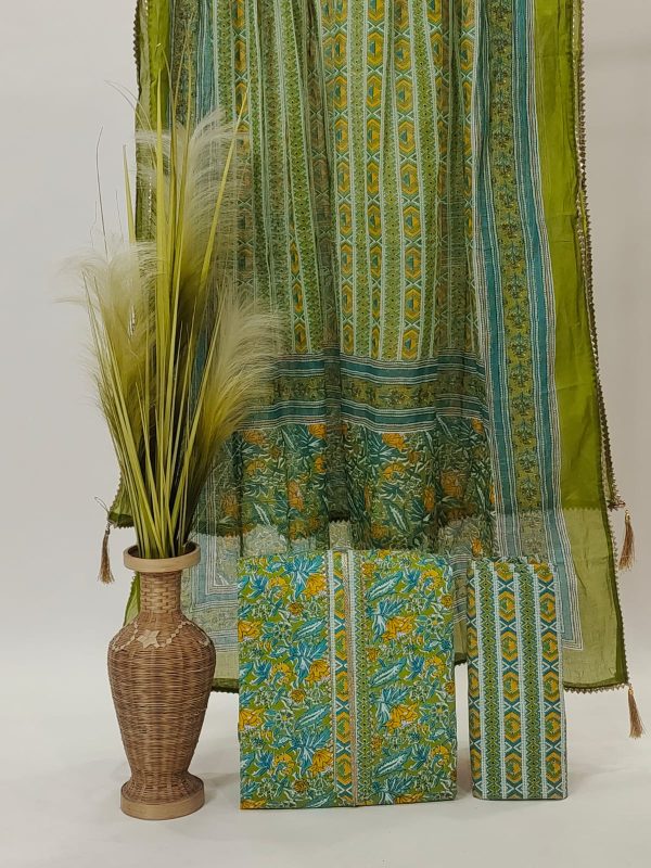 Olive green hand block print cotton dupatta suit with embroidery work