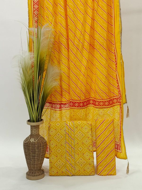 Yellow bandhej hand block printed cotton dupatta embroidery suit punjabi