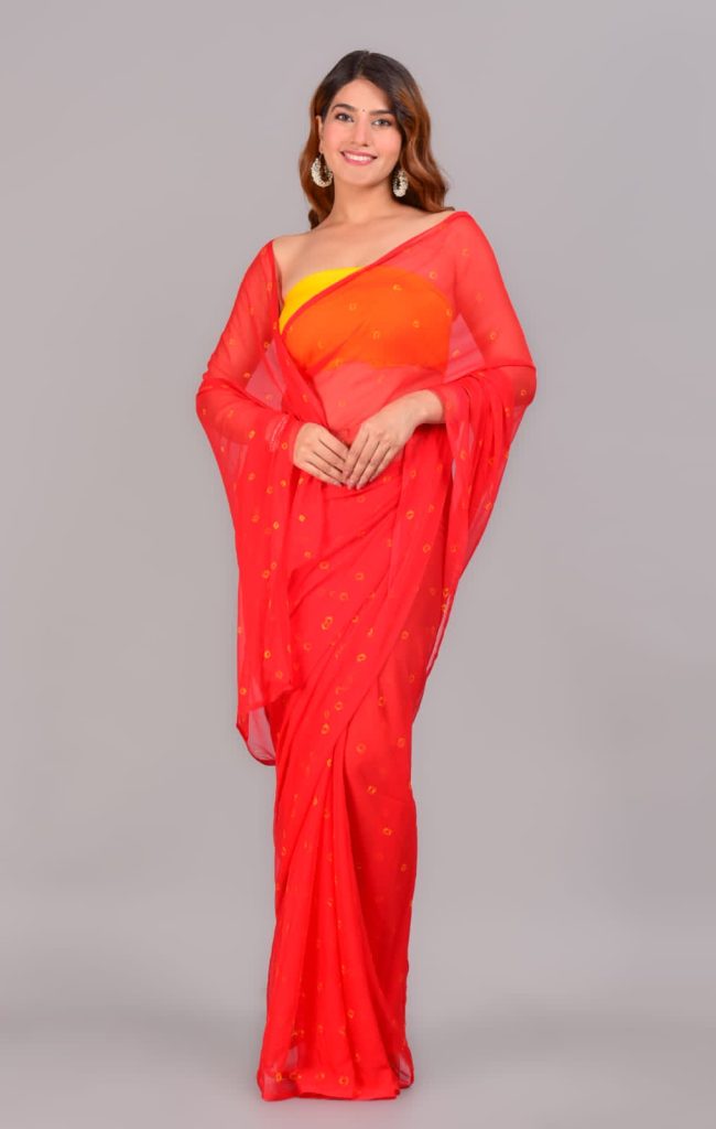 Orange bandhej printed chiffon saree online