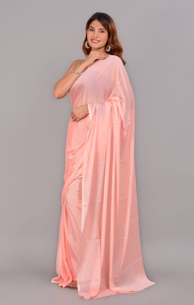 Pink plain viscose chiffon saree with blouse piece