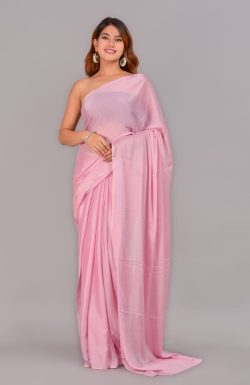 Plain pink viscose chiffon saree with blouse