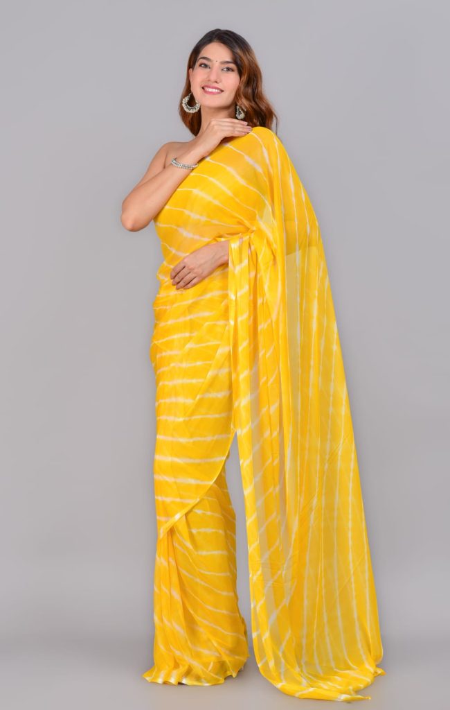 Yellow bandhani print chiffon saree