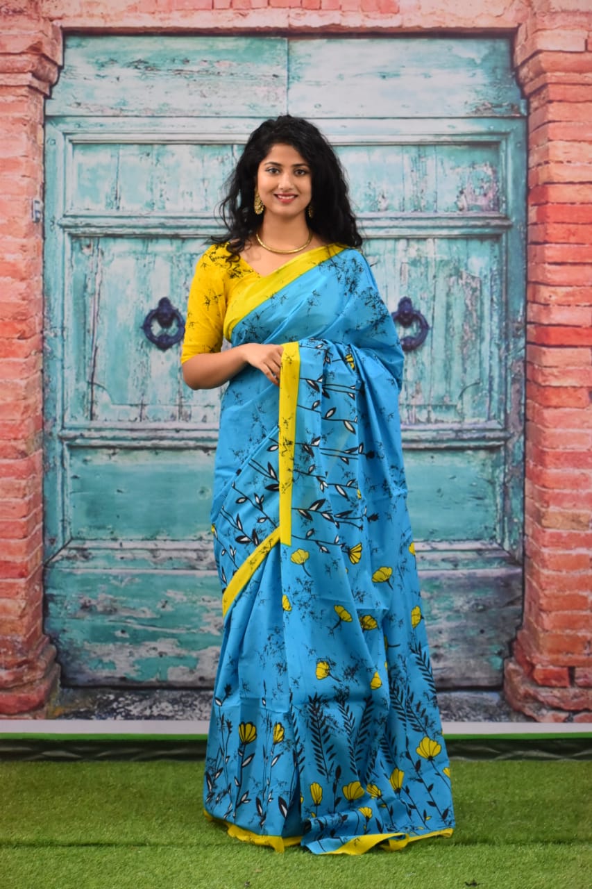 Azure blue and yellow cotton batik hand block print saree