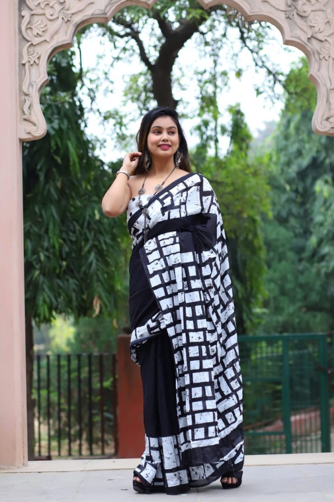 Black and white handloom cotton block printed saree