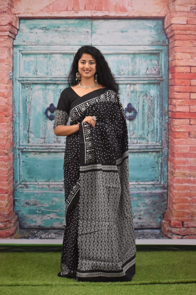 Black dotted block print cotton sarees