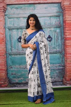Blue white pure alphabet print soft cotton sarees online
