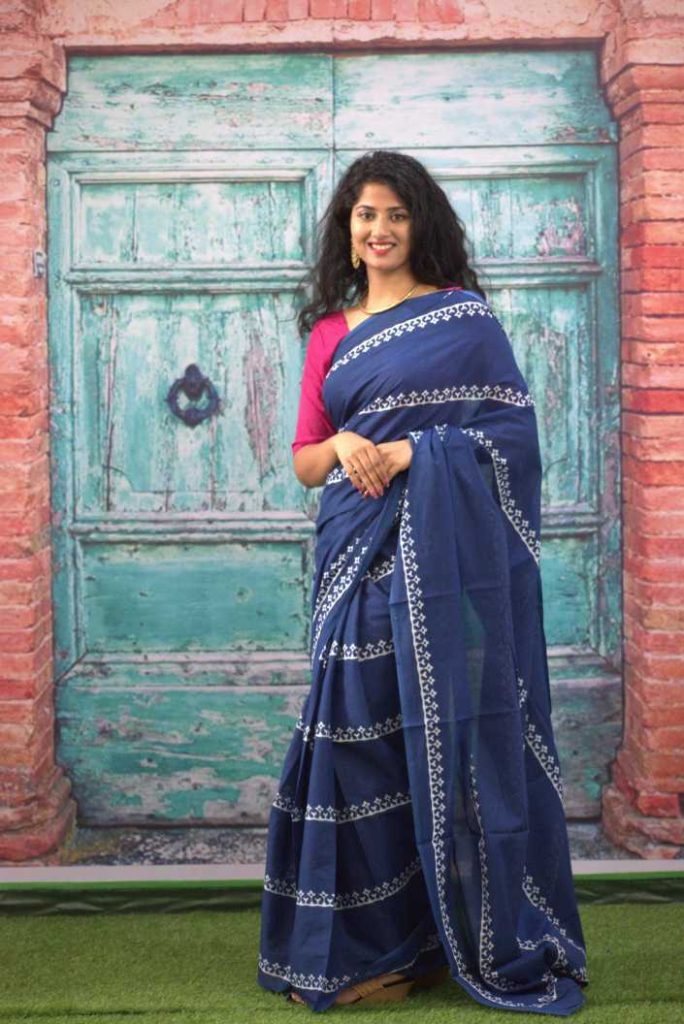 Indigo blue hand block printed cotton sarees online