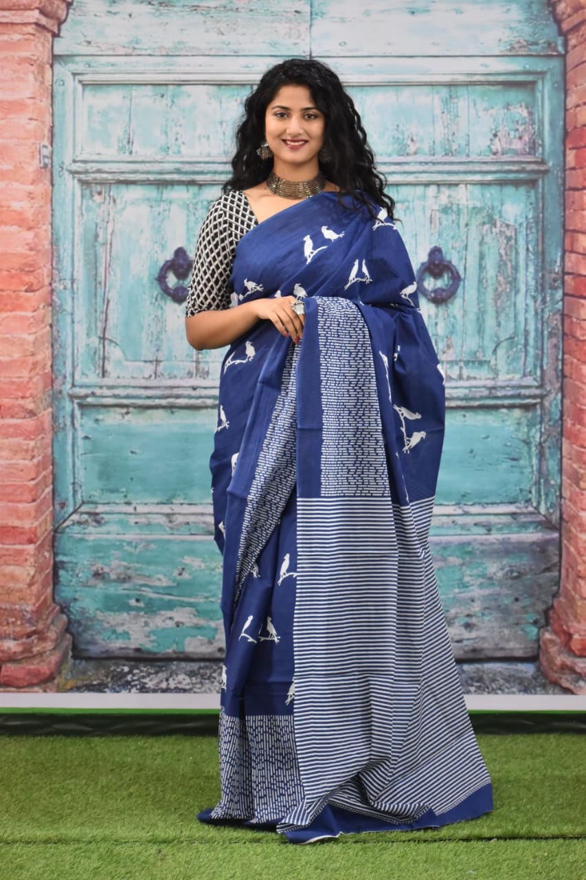 Indigo color blue pure soft cotton sarees online