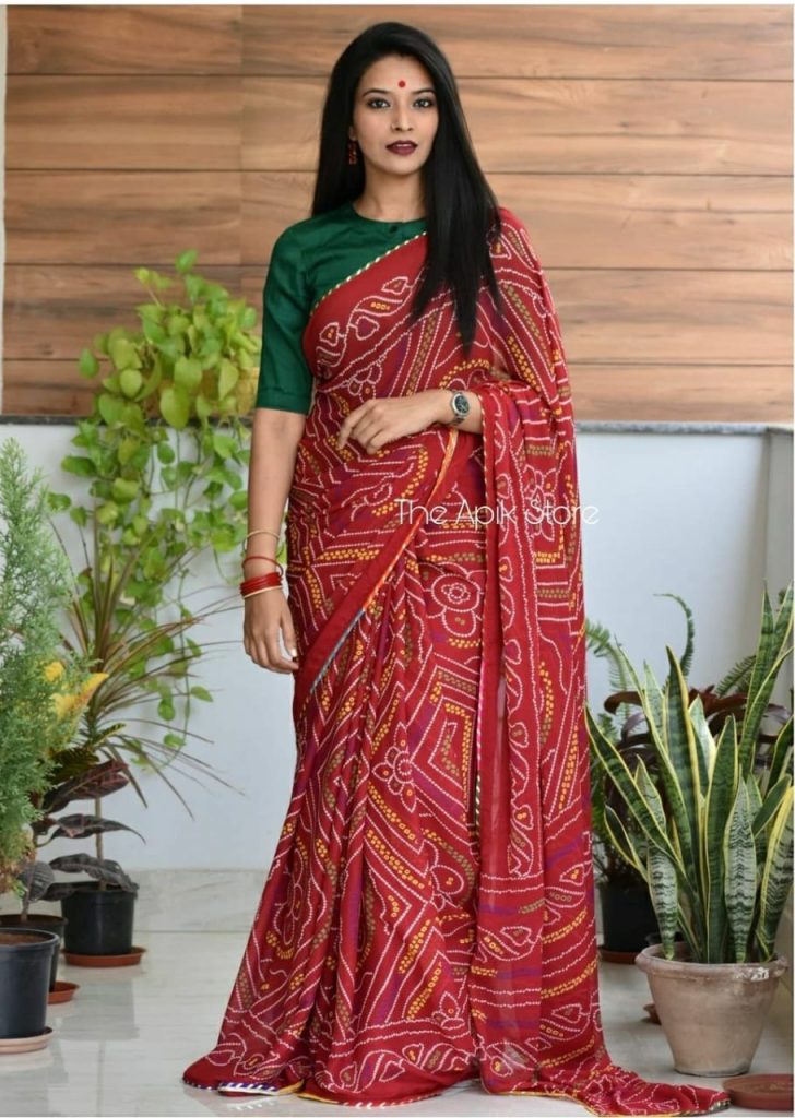 Jaipuri red bandhej hand block print cotton saree