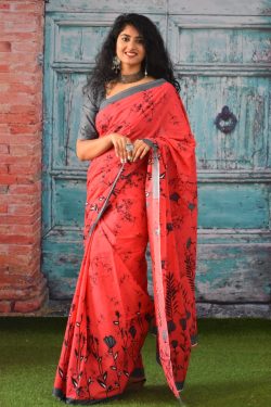 Red batik print pure soft cotton sarees online
