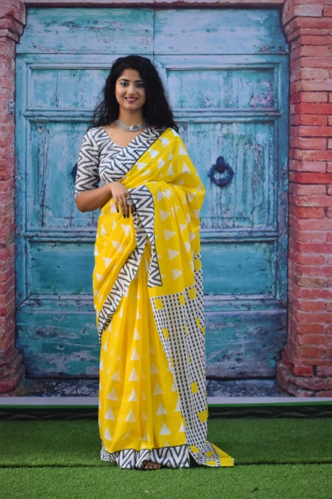 Yellow triangle block printed cotton sarees wholesale
