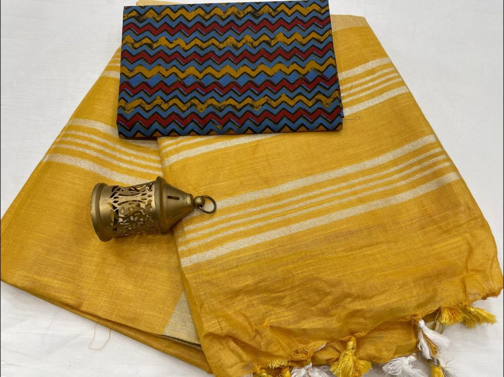 Amber yellow best linen sarees with silver zari border