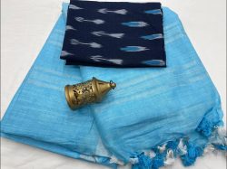 Baby blue buy linen sarees online with silver zari border
