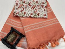 Coral orange Plain linen women saree online