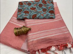Daily wear salmon linen cotton sarees wholesale