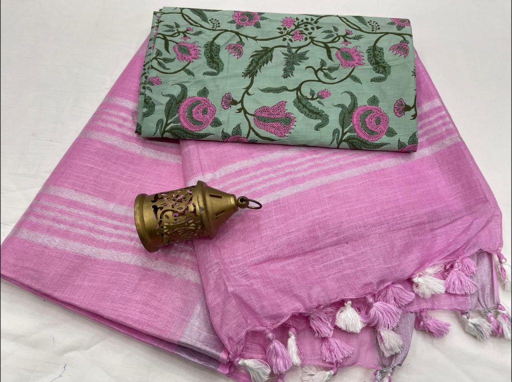 Magenta rose plain linen saree with silver zari border