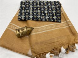 Ochre brown plain linen silver zari saree for ladies