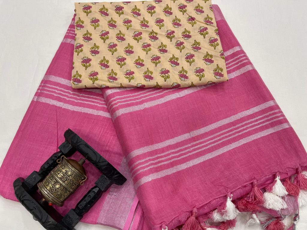 Raspberry pink Plain linen saree for women