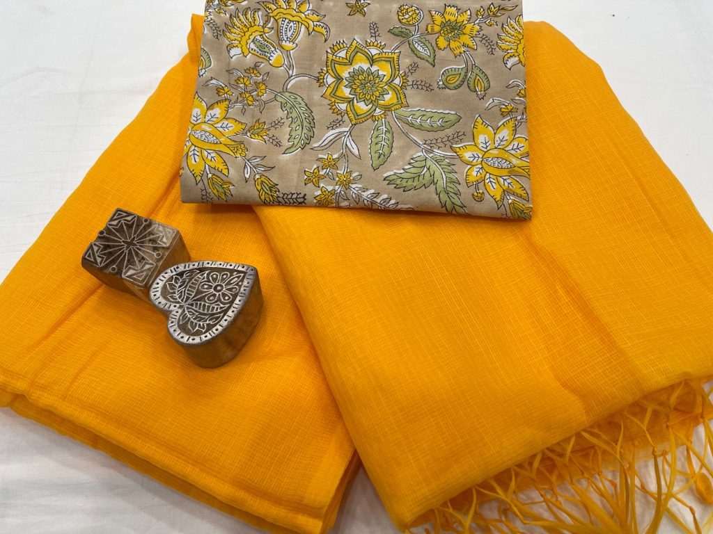 Amber yellow kota doria professional office wear sarees
