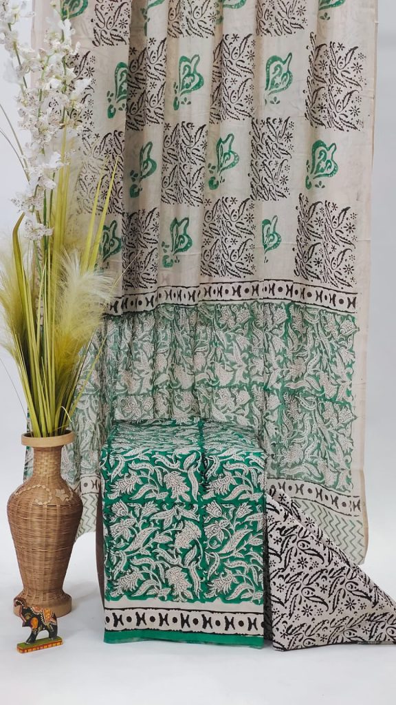 Emerald green bagru print cotton dupatta dress suits for women
